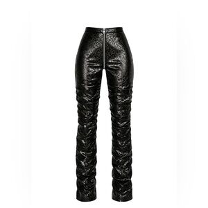 Black Faux Leather Ruched Straight Leg Pants